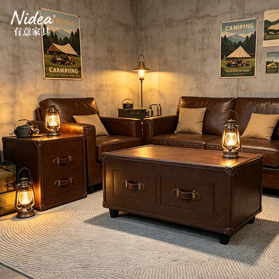 Muebles de maletero de cuero marrón de época hechos a mano Minimalista duradero Campaña de almacenamiento Mesa de café y mesa de extremo de 2 cajones